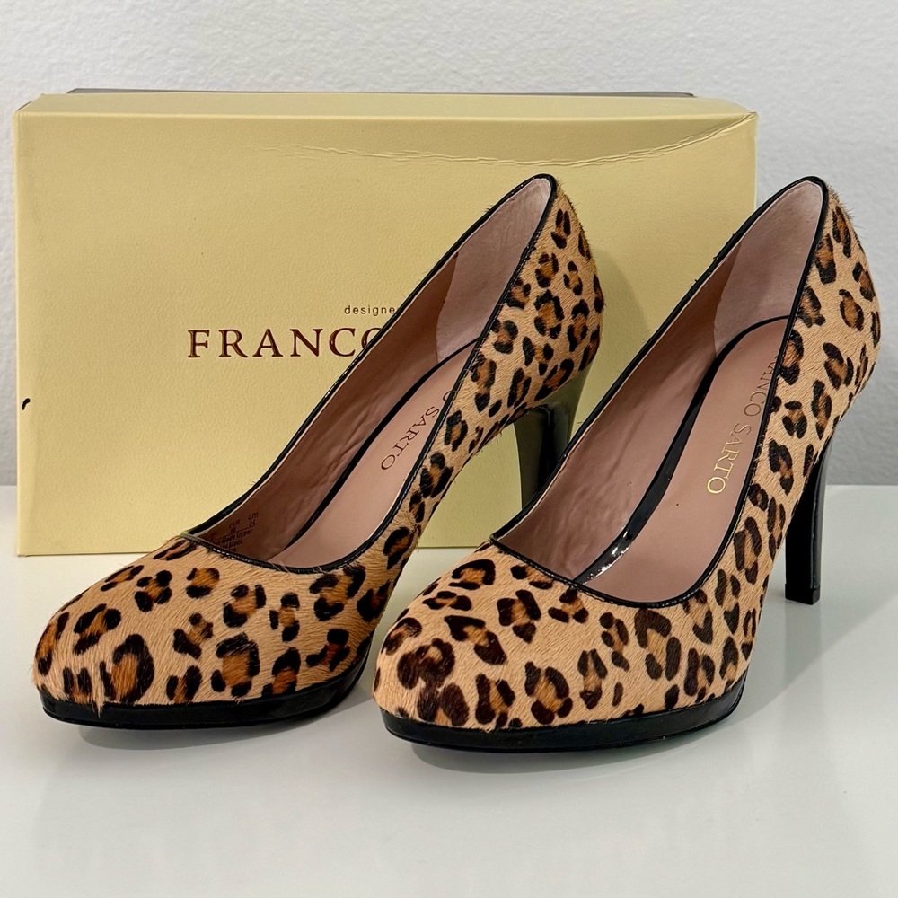 Franco Sarto Leopard Cheetah Brown and Black Heels NEW